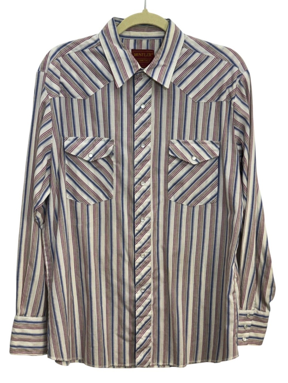 Rustler‎ Striped Button-Down Shirt in Blue, Red & Cream Vintage Grunge